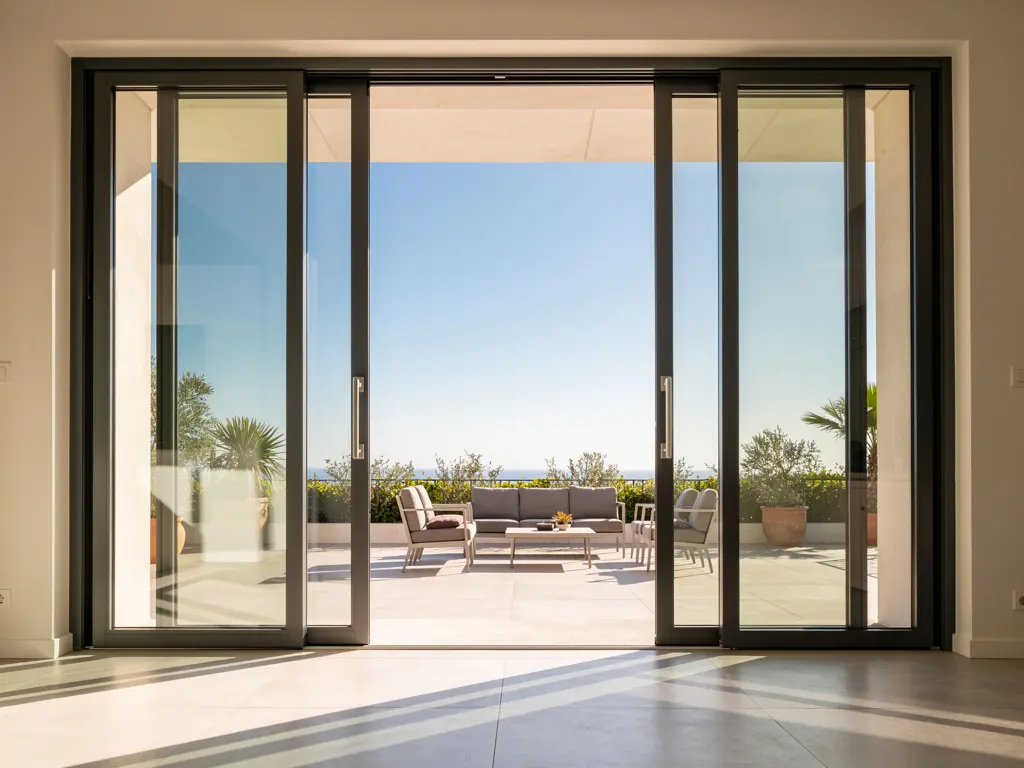 Baie coulissante en aluminium gris anthracite ouverte sur une terrasse